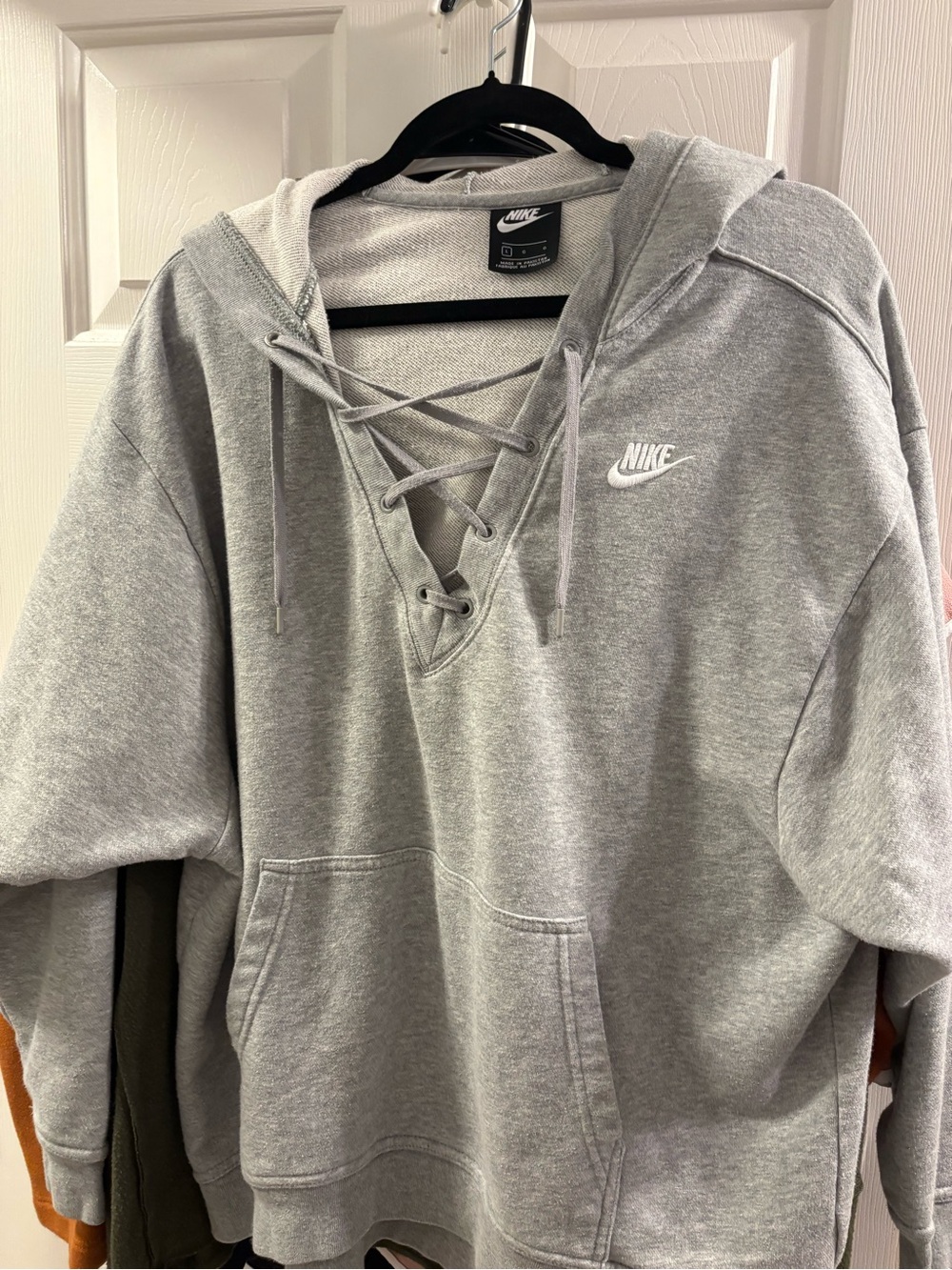 Nike Gray Lace-Up V-Neck Hoodie Womens